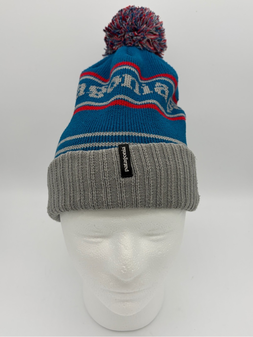 Patagonia Powder Town Beanie Knit Pom Winter Hat Blue Gray Red OSFA